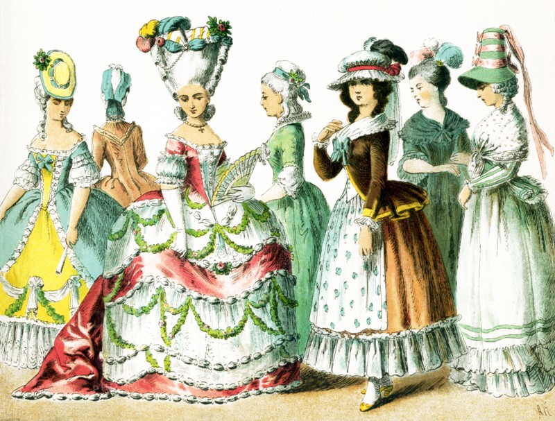 Shown here are French women between 1750 and 1800.They are from left to right: four ladies of rank, two ladies in 1785, and a lady in 1790.This illustration dates to 1882.