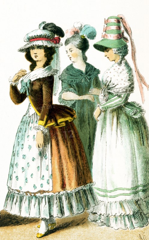 Shown here are French women between 1750 and 1800. They are from left to right: two ladies in 1785 and a lady in 1790.This illustration dates to 1882.