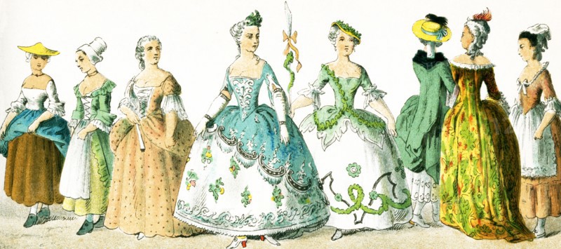 Shown here are French women between 1750 and 1800.They are from left to right: tradeswoman, country woman, lady of rank in 1755; two costumes of balls and masks; three walking and house dresses in 1770.This illustration dates to 1882.
