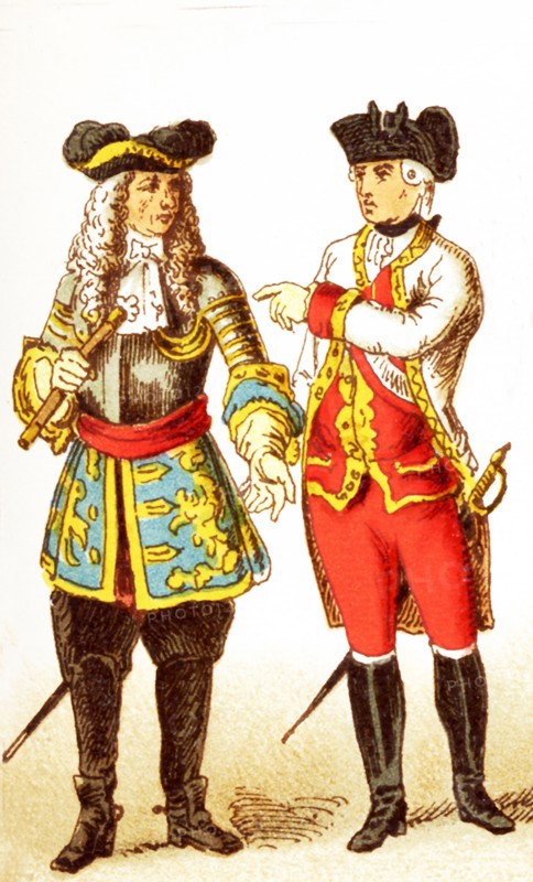The Figures represented here are both Austrians and are, from left to right: an Austrian general in 1700 and an Austrian general in 1770. The illustration dates to 1882.