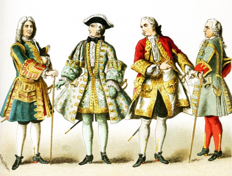 The figures represented here are French people from 1700 to 1750 A.D. They are, from left to right: four French men of rank. The illustration dates to 1882.