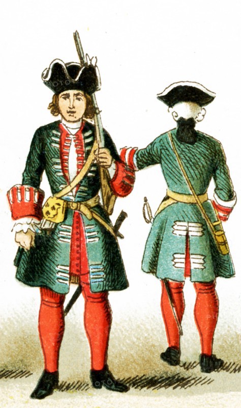 The figures represented here are two French guardsmen under Louis XV from 1700 to 1750 A.D. The illustration dates to 1882.