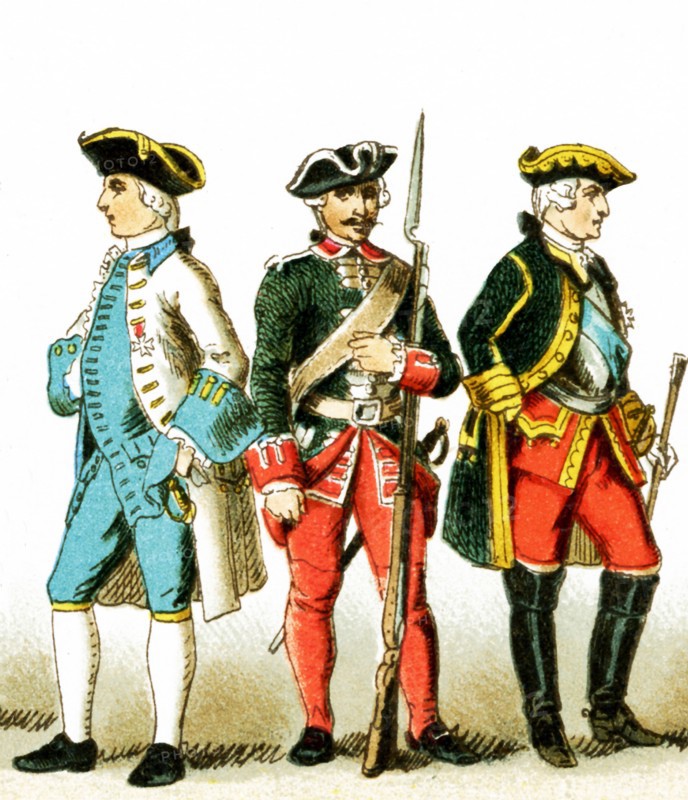 The figures represented here are French people from 1700 to 1750 A.D. They are, from left to right: an officer, a guardsman under Louis XV, and a general. The illustration dates to 1882.