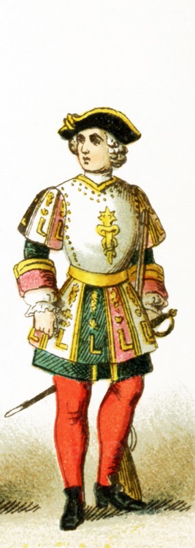 The figure represented here is a French palace guard in 1772 A.D. The illustration dates to 1882.