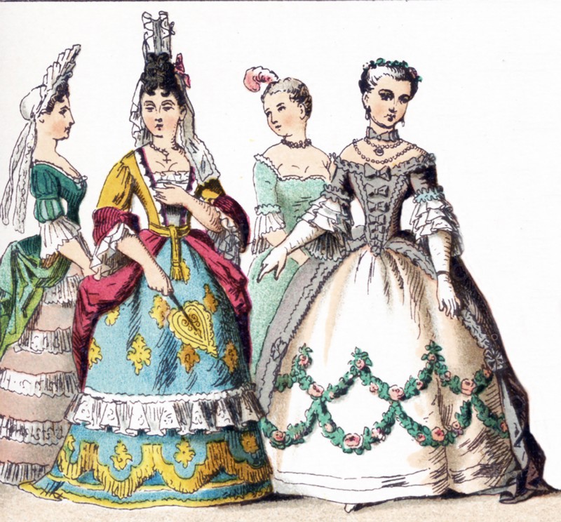 The figures illustrated here represent French ladies of rank‚Äîupper class women‚Äîbetween 1700 and 1750. The illustration dates to 1882.