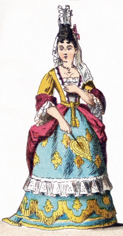 The figure illustrated here represents a French lady of rank‚Äîupper class woman‚Äîbetween 1700 and 1750. The illustration dates to 1882.