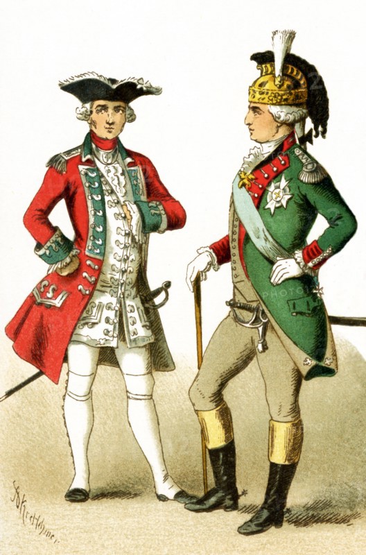 The figures pictured here represent military figures in Europe from around 1700. They are, from left to right: officer of the Swiss Guard and Colonel of Dragoons. The illustration dates to 1882.
