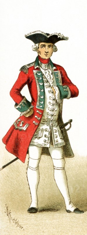 The figure pictured here represents an officer of the Swiss Guard around 1700. The illustration dates to 1882.