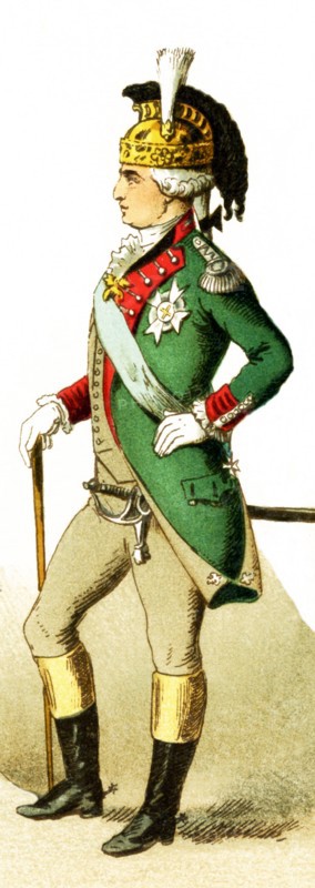 The figure pictured here represents a Colonel of Dragoons from around 1700. The illustration dates to 1882.