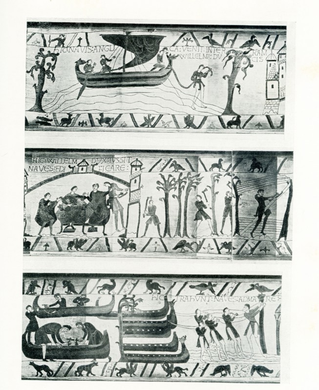 The Bayeux Tapestry is an embroidered cloth nearly 230 feet long and 20 inches tall that depicts the events leading up to the Norman conquest of England between William, Duke of Normandy and Harold, Earl of Wessex, later King of England. At the Battle of Hastings in 1066, William defeated Harold. It tells the story from the point of view of the conquering Normans, but is now agreed to have been made in England. Worked on coarse linen, it measures 230 feet by 20 inches. Its date is disputed. It is housed in the Bayeux Museum in Bayeux, France. Shown here in this illustration of a section from the Bayeux tapestry are Harold's ships. .