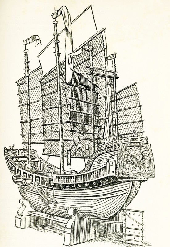 This illustration of a Chinese junk dates to the early 1900s and is based on a model in the south Kensington Museum in England. The junk is a type of Chinese sailing boat.They were developed during the Song dynasty (960-1279) based on maritime Southeast Asian ship designs that have been trading with the Eastern Han dynasty since the 2nd century AD.