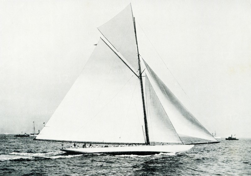 This photo shows the America Cup defender Columbia that was launched in 1899. She was the defender of the tenth America's Cup race that same year against British challenger Shamrock as well as the defender of the eleventh America's Cup race in 1901 against British challenger Shamrock II. She was the first vessel to win the trophy twice in a row. The deisgner was Nathanael Greene Herreshoff.