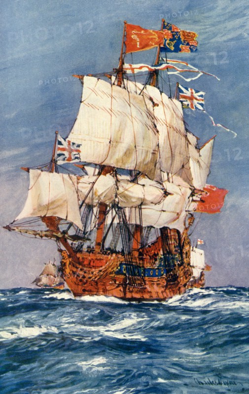 This illustration of a 17th-century English warship under full sail is an adaptation of a similar scene painted by English artist Charles Dixon (1872-1934).