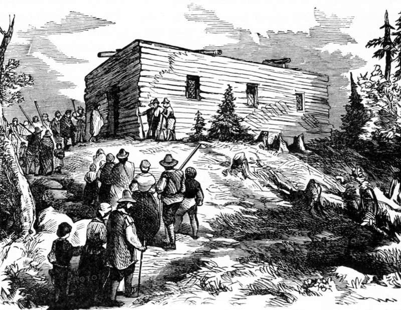 In American history, the Pilgrims were the founders of Plymouth Colony in Massachusetts. The key members of the group were English separatists who had moved to Holland in 1607-08. They obtained a charter from London Co. and, with the help of London merchants, sailed on the Mayflower in 1620. Following the first winter, the pilgrims finished building their settlement, including this church, which they fortified to serve as a fortress as well.