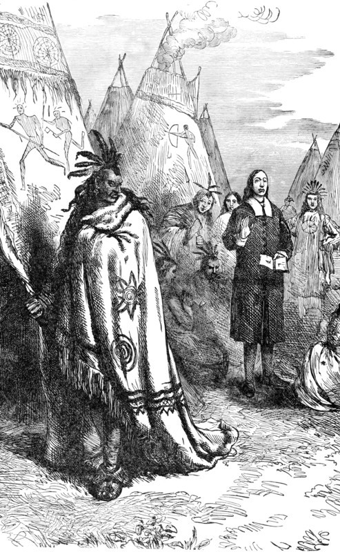John Eliot (1604-1690) was an English missionary in colonial Massachusetts. Called the Apostle to the Indians, he established villages for Christian natives and translated between 1661-1663 the Bible into an Algonquian Indian language‚Äîthe first Bible printed in North America. In this late 1800s engraving, Eliot is shown preaching to the Indians.