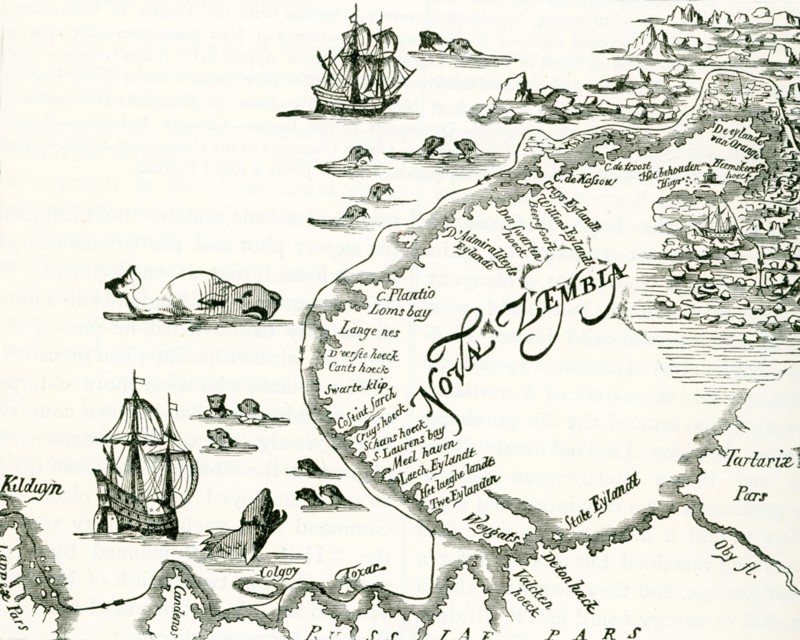 This illustration of Nova Zembla is taken from an old print. The Russians knew of Novaya Zemlya (also spelled Nova Zembla) from the 11th century, when hunters from Novgorod visited the area. For Western Europeans, the search for the Northern Sea Route in the 16th century led to its exploration. The first visit from a Western European was by Hugh Willoughby in 1553. Dutch explorer Willem Barentsz reached the west coast of Novaya Zemlya in 1594, and in a subsequent expedition of 1596, he rounded the northern cape and wintered on the northeastern coast. .
