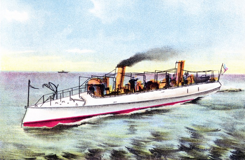 The USS Cushing (Torpedo Boat #1/TB-1), launched in 1890 by the Herreshoff Manufacturing Company of Bristol, Rhode Island, was the first torpedo boat built for the United States Navy. It was used as a torpedo boat in the Spanish American War (1898) . This illustration dates to 1896. .