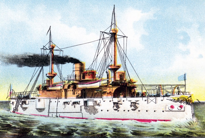 The USS Texas was theUnited States' first battleship. Built in the U.S. Navy Yards in Norfolk, Virginia, it was commissioned in 1886. Together with the USS Marblehead, it took part in the invasion and bombardment of the fortress of Cayo del Tore in Guantanamo Bay, Cuba, during the Spanish American War. It was 308 feet 10 inches in length. In 1911, it was renamed the USS San Marcos. This illustration dates to 1896.