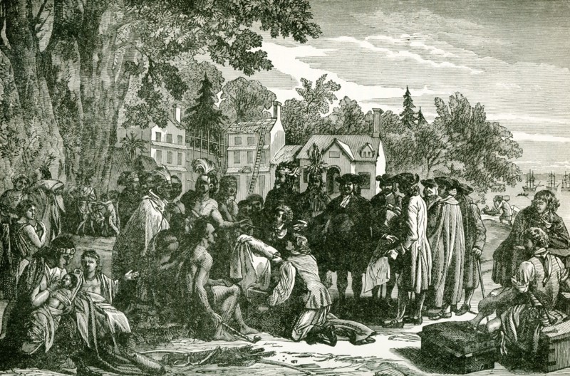 This illustration shows William Penn's treaty with Indians. William Penn (1644-1718) founded the Province of Pennsylvania, the British North American colony that became the U.S. state of Pennsylvania. Penn made a treaty with the Indians (seen here) at Shackamaxon (near Kensington in Philadelphia) under an elm tree. Penn chose to acquire lands for his colony through business rather than conquest. He paid the Indians 1200 pounds for their land under the treaty, an amount considered fair. .