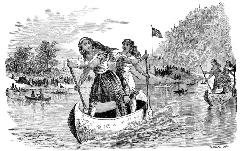 This late 1800s engraving depicts a canoe race between American Indian women on a waterway in what is today the eastern United States.