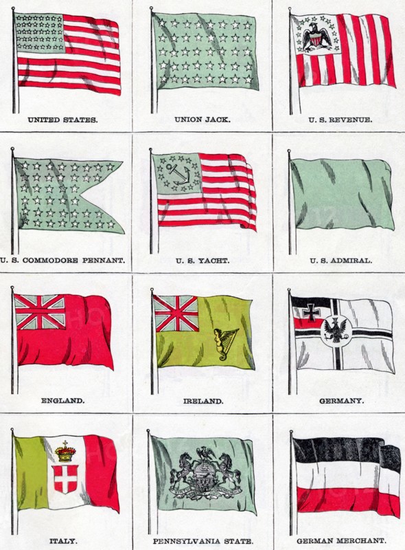 National Flags from 1896. The flags shown in this illustration from 1896 are from left to right top to bottom: United States, Union Jack, U.S. Revenue, U.S. Commodore Pennant, U.S. Yacht. U.S. Admiral, England, Ireland, Germany, Italy, Pennsylvania State, German Merchant.