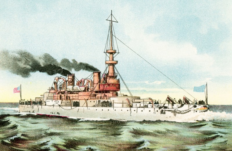 This illustration shows the United States Battleship Indiana. USS Indiana (BB-1) was the lead ship of her class and the first battleship in the United States Navy comparable to foreign battleships of the time. Authorized in 1890 and commissioned five years later, she was a small battleship, though with heavy armor and ordnance. Indiana served in the Spanish-American War (1898) as part of the North Atlantic Squadron. Another United States Monitor was the Miantonomoh. The Miantonomoh class were a series of monitors of the U.S. Navy were constructed during the U.S. Civil War, but only one ship of the class took part in it. They were broken up in 1874-75. .