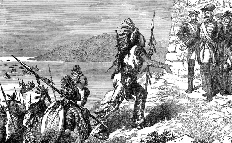 In 1757, several Indian tribes, among them the Oneidas and Senecas, crossed Lake Champlain to aid the French, with whom they had allied themselves in the French and Indian War. Here they meet with the French troops under the Marquis of Montcalm before the siege of Fort William Henry.