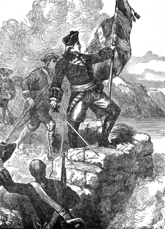 Control of Fort Duquesne, at the junction of the Monongahela and Allegheny Rivers, was a major objective during the French and Indian Wars. The French abandoned it to the British in 1758, and it was renamed fort Pitt. This illustration marks the morning of November 25, 1758, when George Washington entered the fort and planted the British flag on the ramparts just abandoned by the French.
