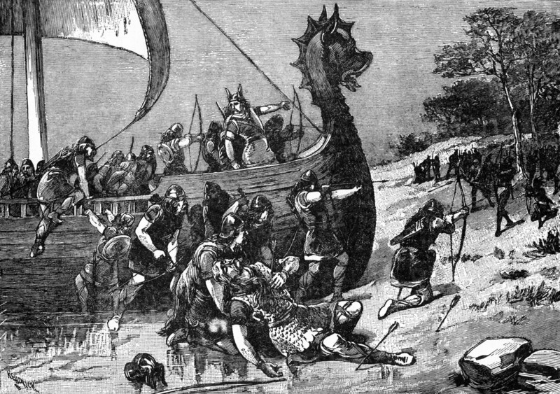 Thorvald Ericsson was the son of Eric the Red (founded the Nordic settlement in Greenland) and brother of Leif Ericsson (said to be the first European to land in North America- about A.D. 995). In the Norse sagas, he took part in the exploration of Vinland, (Greenland today), so-called by the Norsemen because of the many grapes they found growing there. One spring, Thorvald left with some 30 men to explore the coast and was attacked by Red Men (so-called in the saga), as pictured here in this 1896 illustration. Only Thorvald was wounded, with an arrow to his arrow pit. Soon after, he died as a result. The saga said that he asked that the place be called Cross Ness.