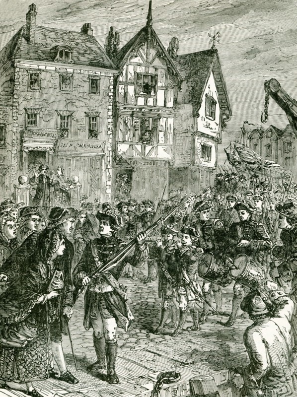 This illustration shows British troops in Boston during the period leading up to the American Revolution (1775-1783).