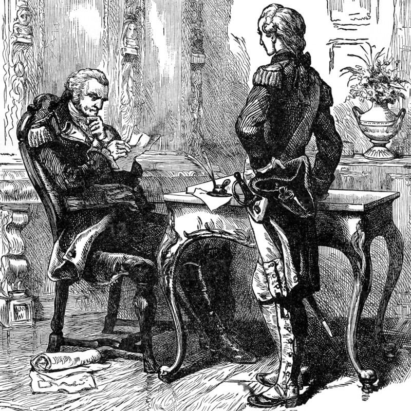 This illustration shows George Washington and Marquis de Lafayette. George Washington met the 19-year-old Marquis de Lafayette on August 5, 1777. Only a week earlier, the Continental Congress appointed the young Frenchman to be a volunteer Major General in the Continental Army. Lafayette was assigned to serve on Washington's staff. Lafayette, one of the richest young men in France, left his home country on March 25, 1777, filled with desire to fight against the British in the American Revolution. .