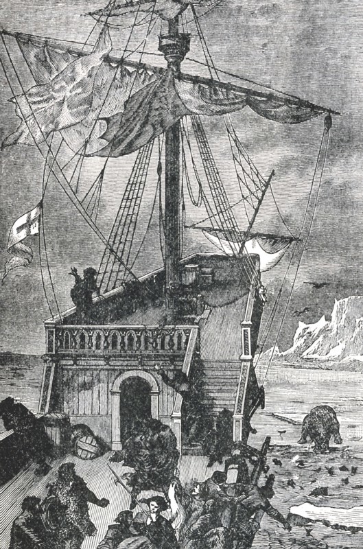 In May 1498, Sebastian Cabot left Bristol, England, enroute west across the Atlantic and reached Labrador, about 400 miles north of the site where his father, John, had landed in June 1497. English claims to the land were based on John's discoveries. The drawing depicts Sebastian Cabot's boat reaching the Labrador coast in 1498.