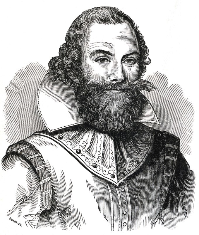 English Captain John Smith guided the colonists through difficult times in the Jamestown settlement of 1607. Tradition, not authenticated, says that Pocahontas saved him from death at the hands of Native Americans.