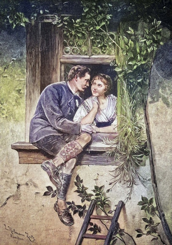 At the window, a man has come over the ladder to the window of his lover and flirts with her in the open window