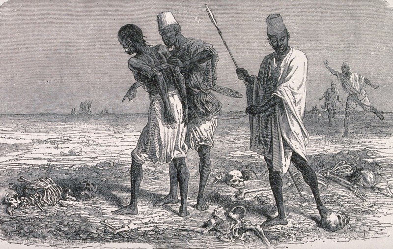 A prisoner being led to his execution through a field littered with skulls and skeletons.