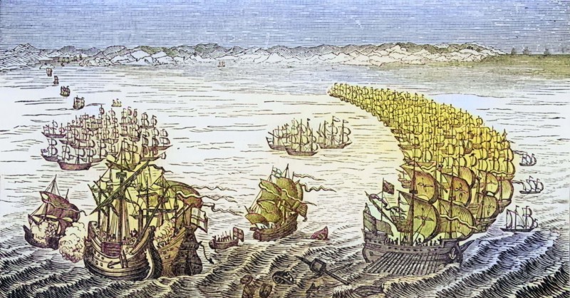 Die englische Flotte unter dem Kommando von Sir Francis Drake.