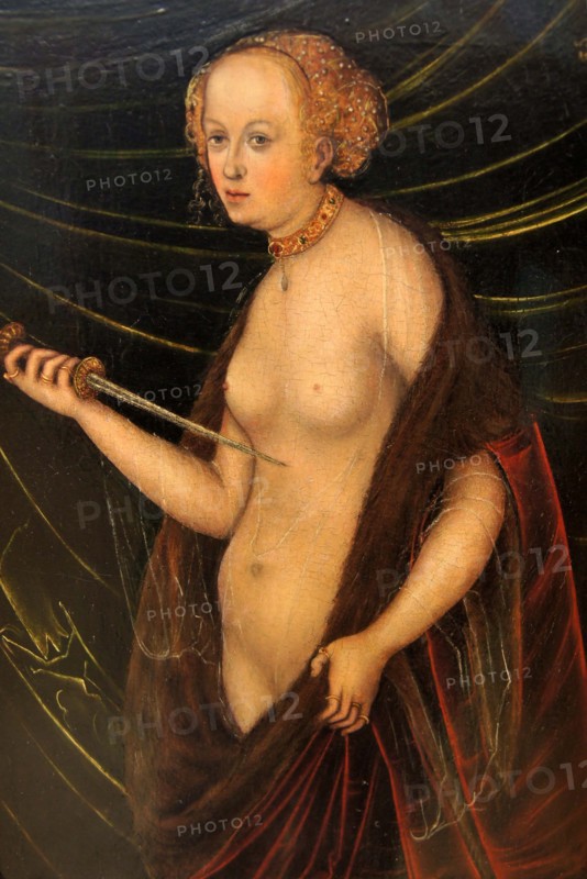 The suicide of Lucretia, Lucretia had been threatened with a sword and raped in her bedchamber by Sextus Tarquinius, the son of the last Roman king Tarquinius Superbus. The next morning she summoned her father and her husband Collatinus, reported the atrocity and made the men swear vengeance. Afterwards she killed herself with a dagger, Historical, digitally restored reproduction from an original of the time..