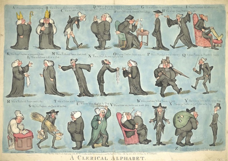 The Clerical Alphabet, Twenty-three clergymen in various attitudes illustrating a satirical alphabet, 1795, Historic, digitally restored reproduction from an original of the period..