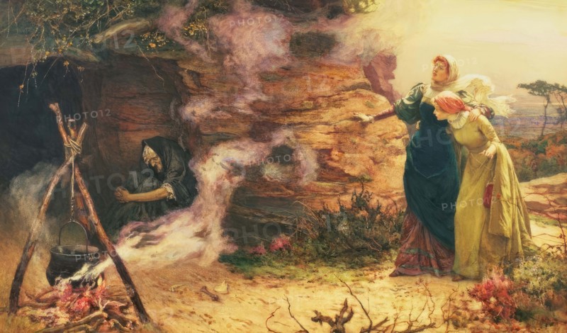 Visit to the Witch, 1882, two women come to the old witch who lives in a cave and prepares a brew in a cauldron on a campfire in front of it, Historical, digitally restored reproduction from an original of the time..