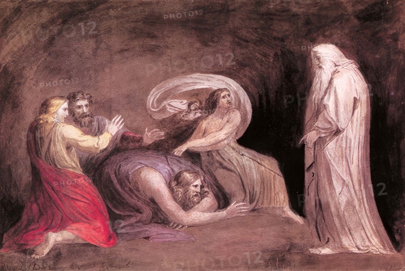 The necromancer or witch of Endor, a character in the 1st Book of Samuel of the Bible, awakens the spirit of Samuel, 1783, Historic, digitally restored reproduction from an original of the period..