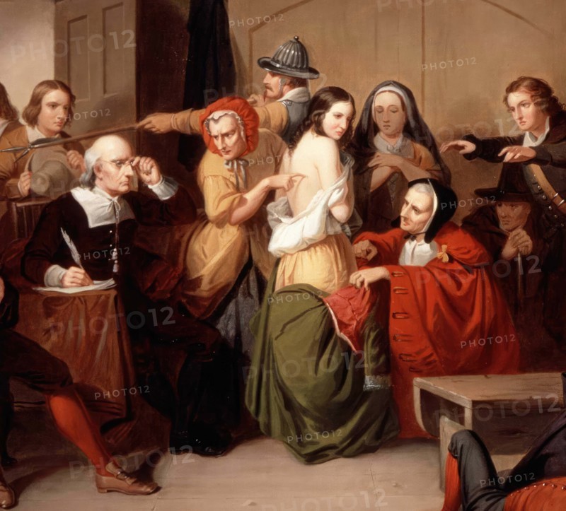 The examination of a woman for signs of witchcraft in the Middle Ages. The women have denounced a young stranger as a witch and show the judge alleged witch marks, painting by Tompkins Matteson (detail), Historic, digitally restored reproduction from an original of the time..