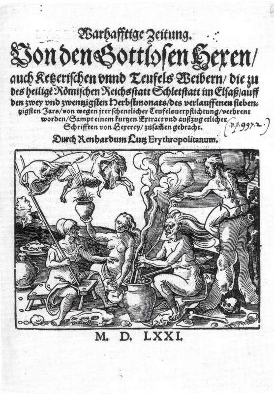 Pamphlet Wahrhaftige Zeitung Von den Gottlosen Hexen auch ketzerischen und Teufels Weibern, Witch Hunts, 1571, Historic, digitally restored reproduction from an original of the time..