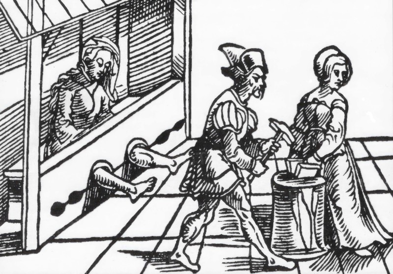 Torture of a witch during a highly embarrassing interrogation. Her hands are squeezed between wedges, torturer, another woman is trapped in the stretching board, c. 1700, Germany, Historic, digitally restored reproduction from an original of the period..