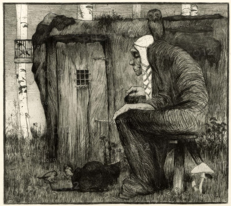 Old witch with an owl on her shoulder sitting in front of her witch's house, c. 1820, after a work of art by Heinrich Vogeler, Historic, digitally restored reproduction from an original of the time..
