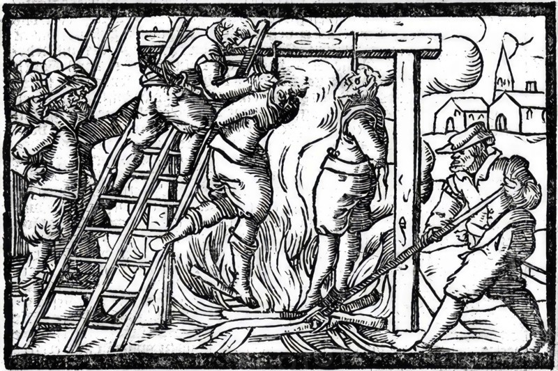 Burning of witches hanging on the gallows, around 1613 in Roermond in Holland, Historic, digitally restored reproduction from an original of the time..