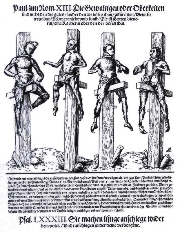 Burning of witches in Wittenberg, woodcut showing the burning of four persons as witches in Wittenberg in 1540 as a pamphlet for deterrence. According to contemporary witnesses, the victims are roasted alive on pillars in a particularly cruel manner by being set up on oak pillars, forged and miserably smoked and dried out with fire, like bricks. Historical, digitally restored reproduction from an original of the time..