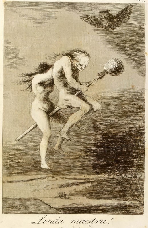 Two witches flying through the night on a broom, Historical, digitally restored reproduction from an original of that time..