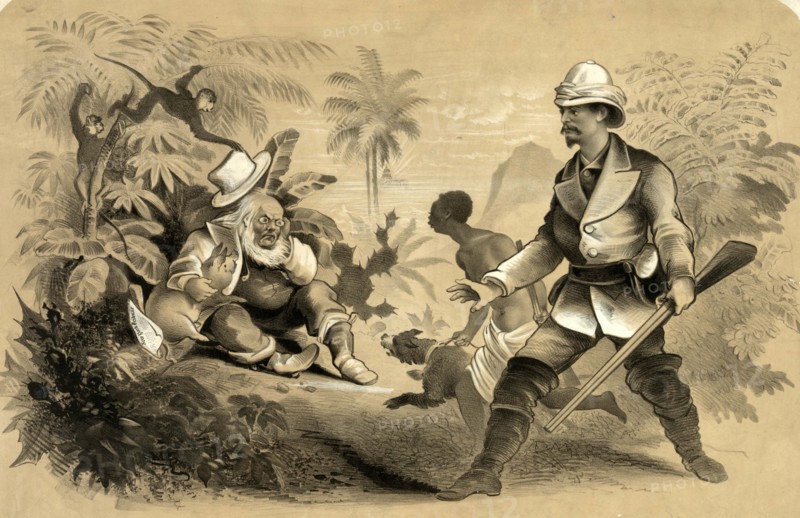 Discovery of the Sage of Chappaqua by HM Stanely. The sage mysteriously disappears on 5 November 1872. His discovery after a lengthy search in the wilderness by the intrepid explorer Stanley. A caricature by Horace Greeley commenting on his disappearance from public life after his defeat in the presidential election on 5 November, Historic, digitally restored reproduction from an original of the period..