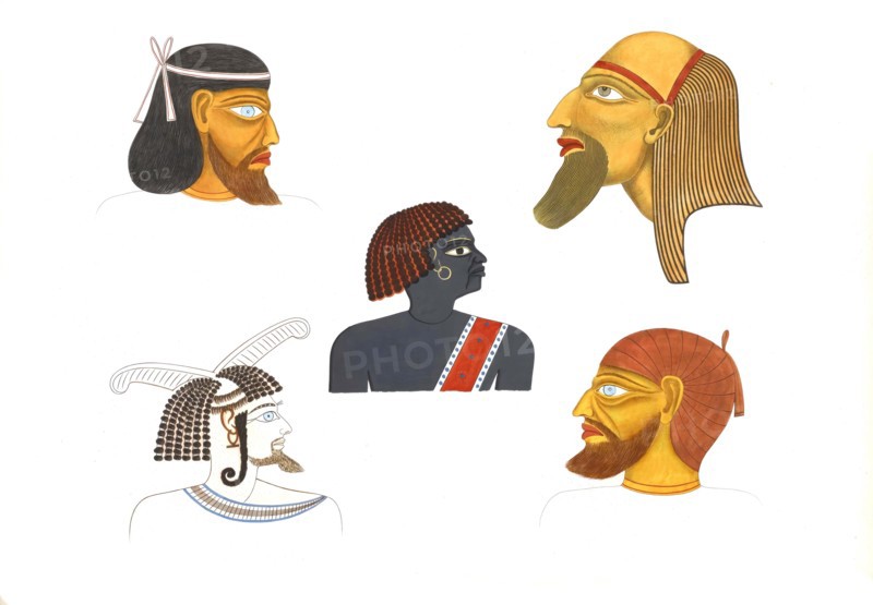 Heads of some foreigners depicted in the preceding plates, in the same size or reduced to a third of the original figures, 1832-1844, The Monuments of Egypt and Nubia, drawn by the Tuscan Scientific-Literary Expedition to Egypt, illustrated by Doctor Ippolito Rosellini, Historical, digitally restored reproduction from an original of the time..