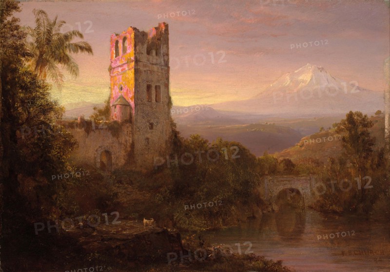 The volcano Chimborazo in Ecuador, in the foreground ruins of a church, painting by Frederic Edwin Church, Historic, digitally restored reproduction from an original of the time..